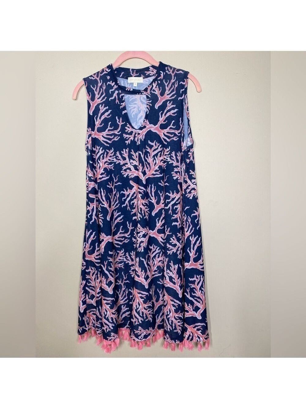 Simply Southern Navy and Pink Coral Print Dress with Tassel Detail M